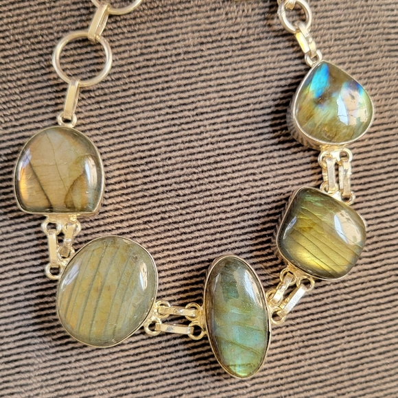 Jewelry - Elegant Blue Green Labradorite Bracelet In 925 Silver Links Green Stone Bracelet
